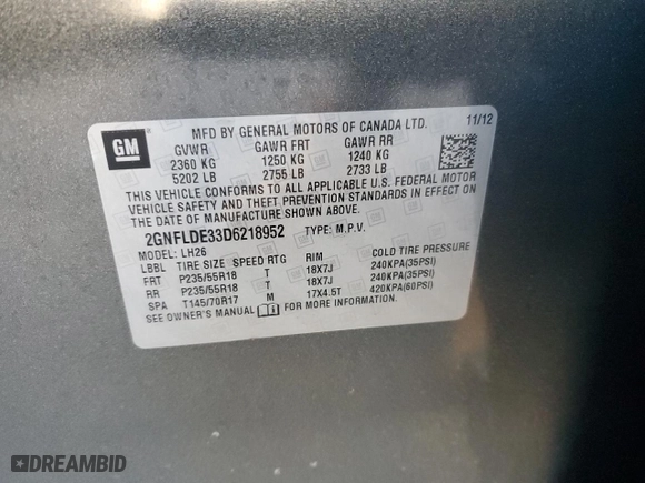 2013 Chevrolet Equinox LT with VIN 2GNFLDE33D6218952, listed as a Copart auction lot 87868125 with 69,802 mi miles and Salvage Title. Bid and sale history available at carsss.com. Image 13.