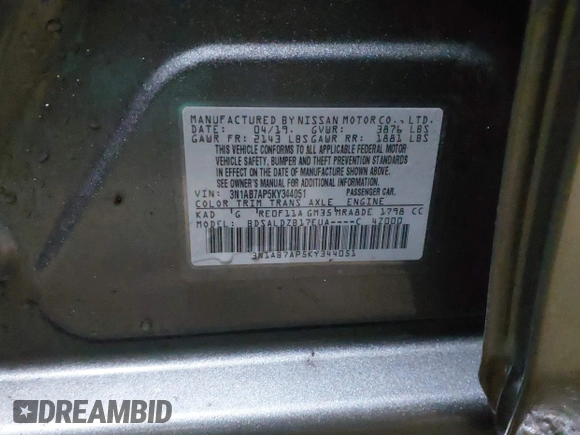 2019 Nissan Sentra SR with VIN 3N1AB7AP5KY344051, listed as a IAAI auction lot 41542391 with 83,161 mi miles and . Bid and sale history available at DreamBid. Image 9.