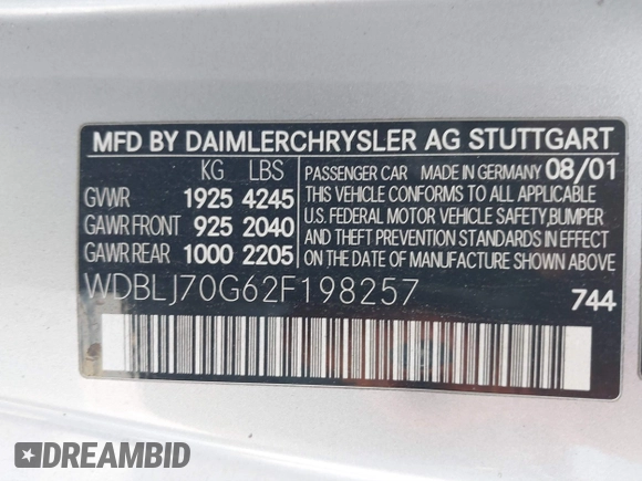 2002 Mercedes-Benz CLK 320/430 with VIN WDBLJ70G62F198257, listed as a IAAI auction lot 41455044 with 156,689 mi miles and . Bid and sale history available at DreamBid. Image 9.