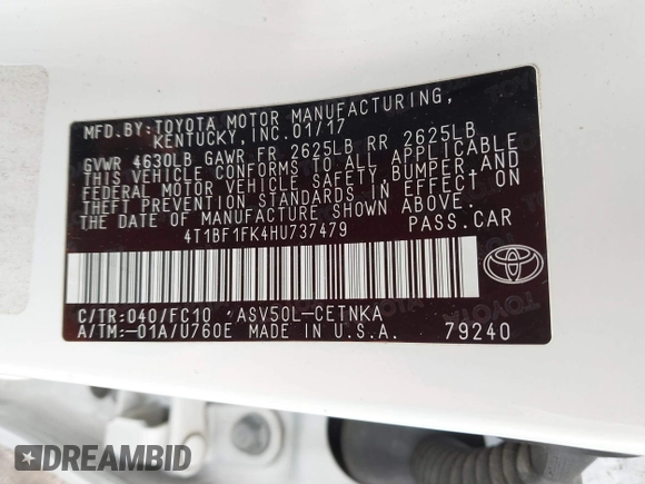 2017 Toyota Camry XLE with VIN 4T1BF1FK4HU737479, listed as a IAAI auction lot 41835243 with 168,173 mi miles. Bid and sale history available at carsss.com. Image 9.