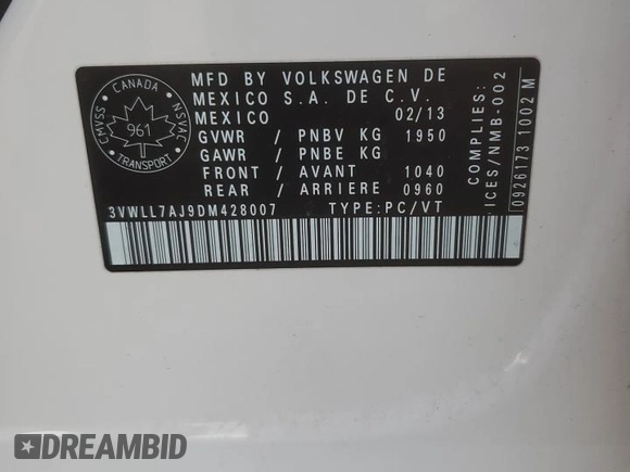 2013 Volkswagen Jetta TDI w/Premium/Nav with VIN 3VWLL7AJ9DM428007, listed as a Copart auction lot 78778874 with 224,951 mi miles and Salvage title. Bid and sale history available at DreamBid. Image 12.