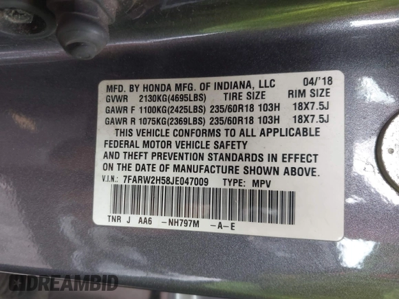 2018 Honda CR-V EX with VIN 7FARW2H58JE047009, listed as a IAAI auction lot 41943209 with 65,043 mi miles and . Bid and sale history available at DreamBid. Image 9.