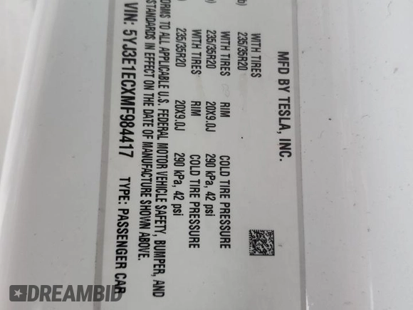 2021 Tesla Model 3 Performance with VIN 5YJ3E1ECXMF984417, listed as a Copart auction lot 48465675 with 60,838 mi miles and Clean Title. Bid and sale history available at DreamBid. Image 12.
