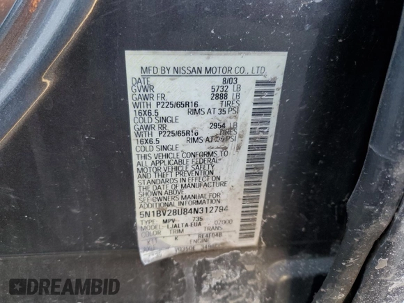 2004 Nissan Quest S z VIN 5N1BV28U84N312794, wystawiony jako Copart lot #43146735 z przebiegiem 189 050 mil mil oraz Szkoda całkowita • Salvage title. Historia ofert i sprzedaży dostępna na DreamBid. Obrazek 13.