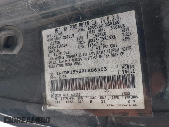 1994 Ford F-150 with VIN 1FTDF15Y3RLA06553, listed as a IAAI auction lot 42464636 with 190,820 mi miles and . Bid and sale history available at DreamBid. Image 9.
