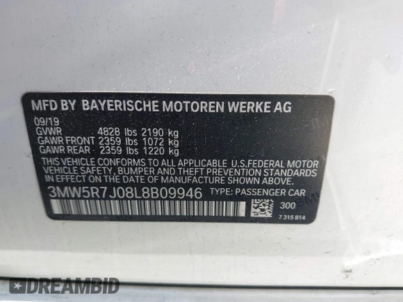 2020 BMW 3 Series 330i xDrive with VIN 3MW5R7J08L8B09946, listed as a IAAI auction lot 41989250 with 33,921 mi miles and . Bid and sale history available at DreamBid. Image 9.