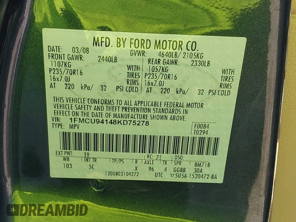 2008 Ford Escape Limited with VIN 1FMCU94148KD75278, listed as a IAAI auction lot 42562174 with 128,294 mi miles and . Bid and sale history available at DreamBid. Image 9.