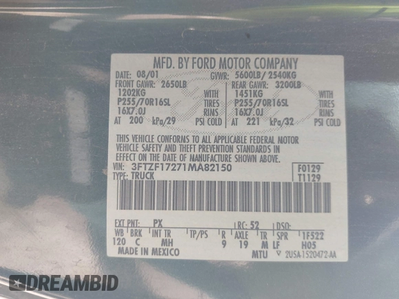 2001 Ford F-150 XL with VIN 3FTZF17271MA82150, listed as a IAAI auction lot 42664544 with 199,156 mi miles and . Bid and sale history available at DreamBid. Image 9.