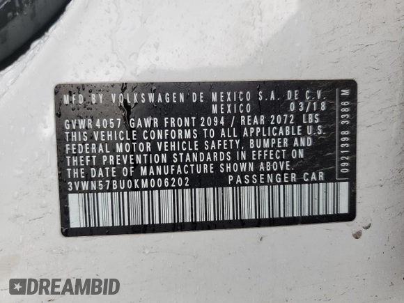 2019 Volkswagen Jetta S с VIN 3VWN57BU0KM006202, выставлен на аукционе Copart как лот 59744035 с пробегом 109 875 миль миль и Списание • Salvage title. История ставок и продаж доступна на DreamBid. Изображение 12.