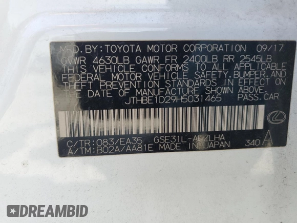 2017 Lexus IS 350 with VIN JTHBE1D29H5031465, listed as a Copart auction lot 49355215 with 86,634 mi miles and Salvage Title. Bid and sale history available at DreamBid. Image 12.