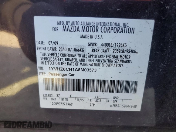 2010 Mazda 6 i Touring with VIN 1YVHZ8CH1A5M03573, listed as a Copart auction lot 49015675 with 164,616 mi miles and Salvage Title. Bid and sale history available at DreamBid. Image 14.