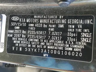 2011 Kia Sorento LX with VIN 5XYKT3A10BG106020, listed as a Copart auction lot 46151355 with 244,140 mi miles and Salvage Title. Bid and sale history available at DreamBid. Image 13.