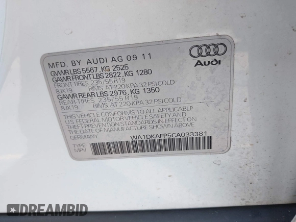 2012 Audi Q5 3.2L Premium Plus with VIN WA1DKAFP5CA033381, listed as a IAAI auction lot 41571823 with 84,251 mi miles. Bid and sale history available at carsss.com. Image 9.