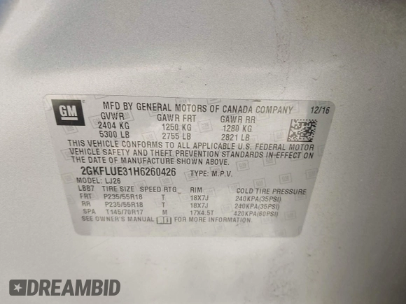 2017 GMC Terrain SLT z VIN 2GKFLUE31H6260426, wystawiony jako IAAI lot #42233364 z przebiegiem 133 711 mil mil oraz . Historia ofert i sprzedaży dostępna na DreamBid. Obrazek 9.