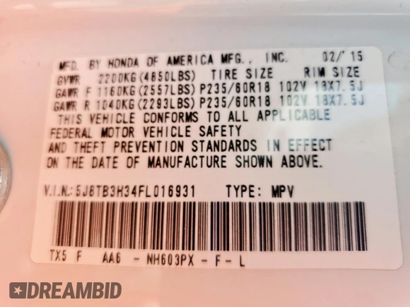2015 Acura RDX z VIN 5J8TB3H34FL016931, wystawiony jako Copart lot #58034395 z przebiegiem 134 049 mil mil oraz Szkoda całkowita • Salvage title. Historia ofert i sprzedaży dostępna na DreamBid. Obrazek 14.