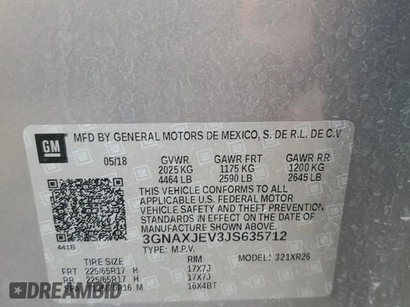 2018 Chevrolet Equinox LT with VIN 3GNAXJEV3JS635712, listed as a Copart auction lot 54735455 with 96,268 mi miles and Salvage title. Bid and sale history available at DreamBid. Image 13.
