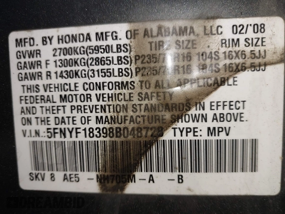 2008 Honda Pilot SE with VIN 5FNYF18398B048728, listed as a IAAI auction lot 41958578 with Not Provided miles and . Bid and sale history available at carsss.com. Image 9.