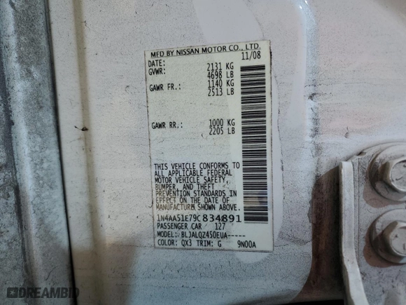 2009 Nissan Maxima 3.5 SV with VIN 1N4AA51E79C834891, listed as a Copart auction lot 79872094 with 147,438 mi miles and Salvage Title. Bid and sale history available at carsss.com. Image 12.
