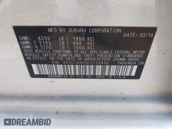 2019 Subaru Impreza with VIN 4S3GTAA63K3733496, listed as a IAAI auction lot 42500553 with 65,708 mi miles and . Bid and sale history available at DreamBid. Image 9.