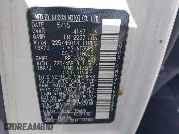 2015 Nissan Juke SL z VIN JN8AF5MV9FT562688, wystawiony jako IAAI lot #41950297 z przebiegiem 70 880 mil mil oraz . Historia ofert i sprzedaży dostępna na DreamBid. Obrazek 9.
