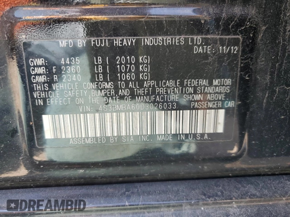 2013 Subaru Legacy 2.5i with VIN 4S3BMBA60D3026033, listed as a Copart auction lot 54351395 with 162,948 mi miles and Clean Title. Bid and sale history available at DreamBid. Image 12.