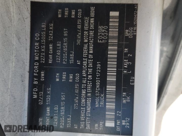 2013 Ford Transit Connect XL with VIN NM0LS7CN9DT172391, listed as a Copart auction lot 56339795 with 305,294 mi miles and Salvage title. Bid and sale history available at DreamBid. Image 13.