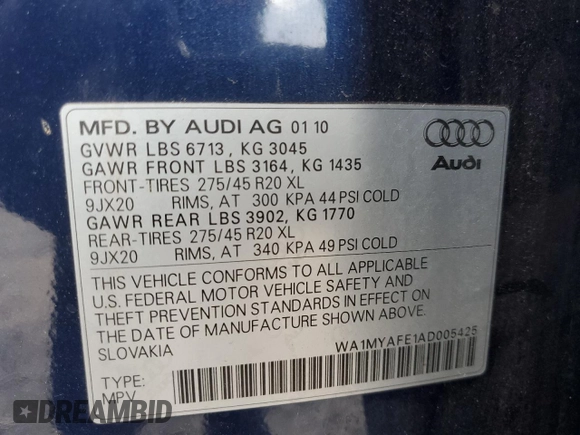 2010 Audi Q7 with VIN WA1MYAFE1AD005425, listed as a Copart auction lot 81697144 with 200,802 mi miles and Salvage title. Bid and sale history available at DreamBid. Image 13.