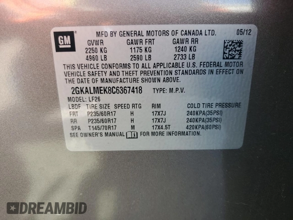 2012 GMC Terrain SLE-1 with VIN 2GKALMEK8C6367418, listed as a Copart auction lot 59561445 with 53,196 mi miles and Salvage title. Bid and sale history available at DreamBid. Image 13.