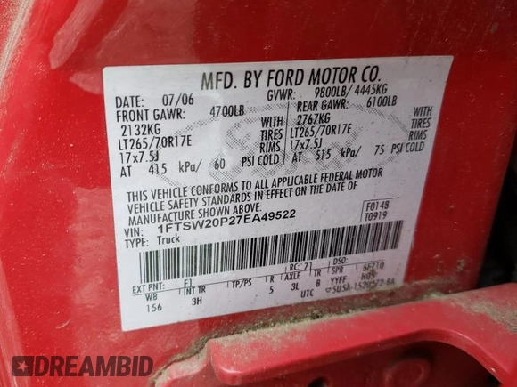 2007 Ford F-250 XL with VIN 1FTSW20P27EA49522, listed as a Copart auction lot 42327525 with 149,387 mi miles and Clean Title. Bid and sale history available at DreamBid. Image 12.