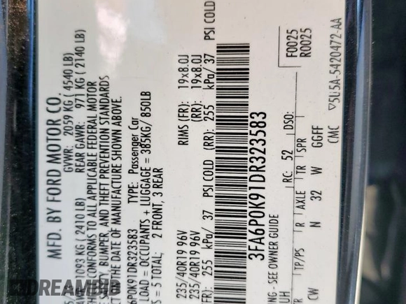 2013 Ford Fusion Titanium with VIN 3FA6P0K91DR323583, listed as a Copart auction lot 52909605 with 0 mi miles and Salvage Title. Bid and sale history available at carsss.com. Image 13.