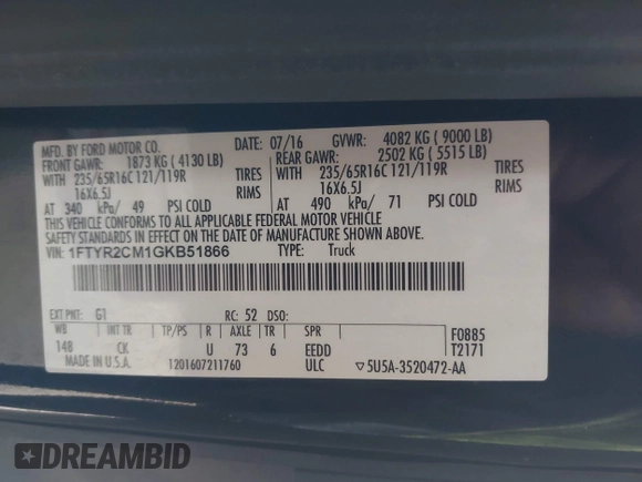 2016 Ford Transit Cargo with VIN 1FTYR2CM1GKB51866, listed as a IAAI auction lot 41999146 with 139,383 mi miles and . Bid and sale history available at DreamBid. Image 9.