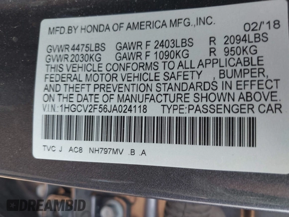 2018 Honda Accord EX-L with VIN 1HGCV2F56JA024118, listed as a IAAI auction lot 42423014 with 113,753 mi miles and . Bid and sale history available at DreamBid. Image 9.