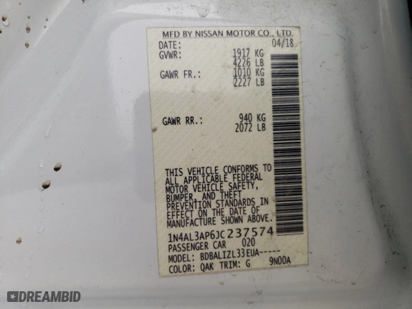 2018 Nissan Altima 2.5 S with VIN 1N4AL3AP6JC237574, listed as a Copart auction lot 46071855 with 106,904 mi miles and Salvage Title. Bid and sale history available at carsss.com. Image 12.