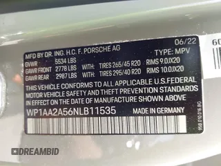 2022 Porsche Macan with VIN WP1AA2A56NLB11535, listed as a IAAI auction lot 42264356 with 11 mi miles and . Bid and sale history available at DreamBid. Image 9.