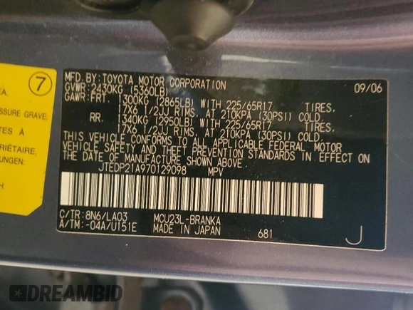 2007 Toyota Highlander w/3rd Row with VIN JTEDP21A970129098, listed as a Copart auction lot 55512315 with 187,344 mi miles and Salvage title. Bid and sale history available at DreamBid. Image 13.