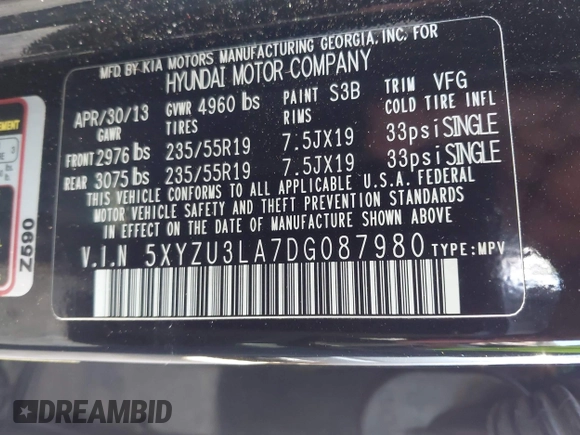 2013 Hyundai Santa Fe Sport z VIN 5XYZU3LA7DG087980, wystawiony jako IAAI lot #42324342 z przebiegiem 160 941 mil mil oraz . Historia ofert i sprzedaży dostępna na DreamBid. Obrazek 9.