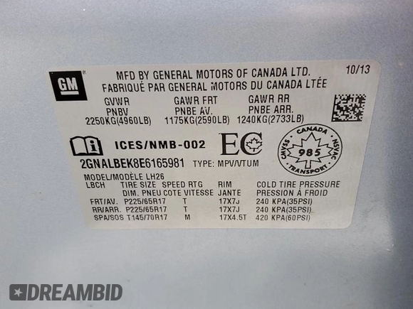 2014 Chevrolet Equinox LT with VIN 2GNALBEK8E6165981, listed as a Copart auction lot 43838945 with 147,258 mi miles and Salvage Title. Bid and sale history available at carsss.com. Image 13.