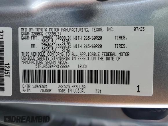 2023 Toyota Tundra Limited with VIN 5TFJA5DB4PX120864, listed as a Copart auction lot 48952505 with 19,169 mi miles and Salvage title. Bid and sale history available at DreamBid. Image 12.