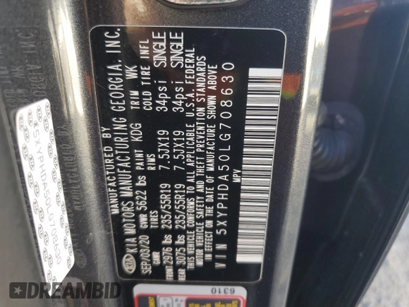2020 Kia Sorento EX with VIN 5XYPHDA50LG708630, listed as a Copart auction lot 46624025 with 47,993 mi miles and Salvage Title. Bid and sale history available at DreamBid. Image 14.