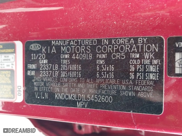 2020 Kia Niro Plug-In Hybrid LXS with VIN KNDCM3LD1L5452600, listed as a IAAI auction lot 41253455 with NaN miles. Bid and sale history available at carsss.com. Image 9.