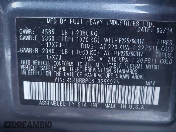 2014 Subaru Outback Limited with VIN 4S4BRBPC8E3299975, listed as a IAAI auction lot 40965409 with 86,721 mi miles and . Bid and sale history available at DreamBid. Image 9.