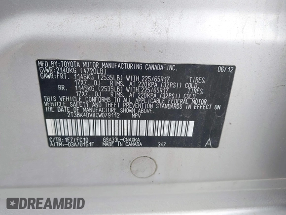 2012 Toyota RAV4 с VIN 2T3BK4DV8CW079112, выставлен на аукционе IAAI как лот 42191082 с пробегом 242 987 миль миль и . История ставок и продаж доступна на DreamBid. Изображение 9.