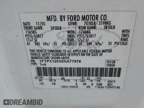 2006 Ford F-150 XLT z VIN 1FTPX125X6NA77978, wystawiony jako Copart lot #58859995 z przebiegiem Nie podano mil oraz Nie do naprawy • Non repairable. Historia ofert i sprzedaży dostępna na DreamBid. Obrazek 12.