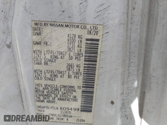 2020 Nissan NV Cargo SV with VIN 1N6AF0LY5LN809499, listed as a IAAI auction lot 41892981 with 229,561 mi miles and . Bid and sale history available at DreamBid. Image 9.
