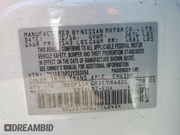 2018 Nissan Sentra SV z VIN 3N1AB7AP2JY262454, wystawiony jako Copart lot #52227965 z przebiegiem 17 091 mil mil oraz Szkoda całkowita • Salvage title. Historia ofert i sprzedaży dostępna na DreamBid. Obrazek 12.