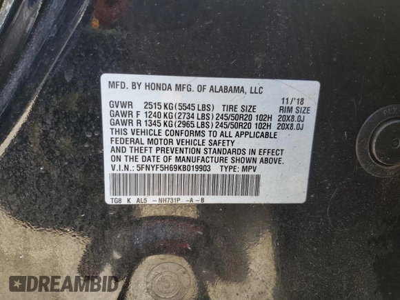 2019 Honda Pilot Touring 7-Passenger z VIN 5FNYF5H69KB019903, wystawiony jako Copart lot #43598805 z przebiegiem 144 486 mil mil oraz Szkoda całkowita • Salvage title. Historia ofert i sprzedaży dostępna na DreamBid. Obrazek 14.