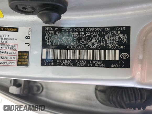 2014 Toyota Prius Four with VIN JTDKN3DU7E1744415, listed as a Copart auction lot 52338245 with 207,175 mi miles and Salvage Title. Bid and sale history available at carsss.com. Image 13.