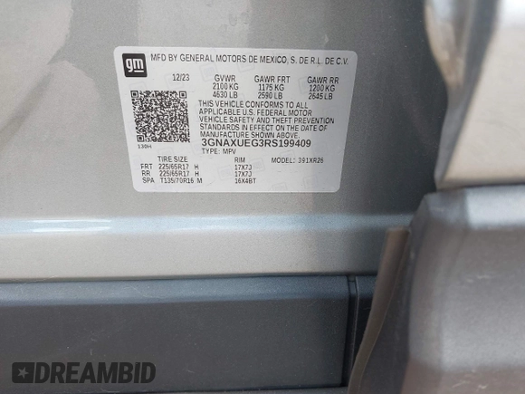 2024 Chevrolet Equinox LT with VIN 3GNAXUEG3RS199409, listed as a IAAI auction lot 42043712 with 25,448 mi miles and . Bid and sale history available at DreamBid. Image 9.