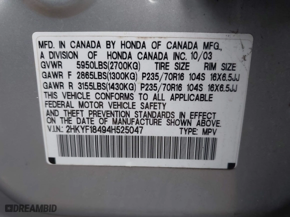 2004 Honda Pilot EX with VIN 2HKYF18494H525047, listed as a IAAI auction lot 41927610 with 999,999 mi miles. Bid and sale history available at carsss.com. Image 9.