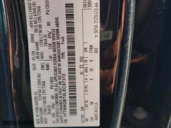 2020 Ford Super Duty F-250 SRW XL with VIN 1FT8W2BT0LEC67313, listed as a Copart auction lot 48825325 with 116,648 mi miles and Salvage Title. Bid and sale history available at carsss.com. Image 14.